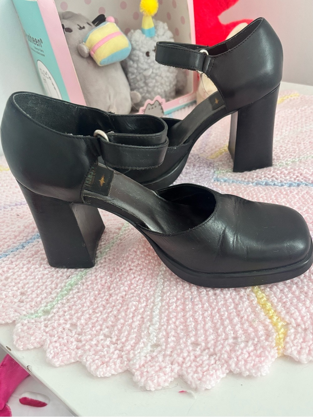 Vintage 90s TRANSIT Black Leather Chunky Mary Jane Heels Square Toe Block Heel